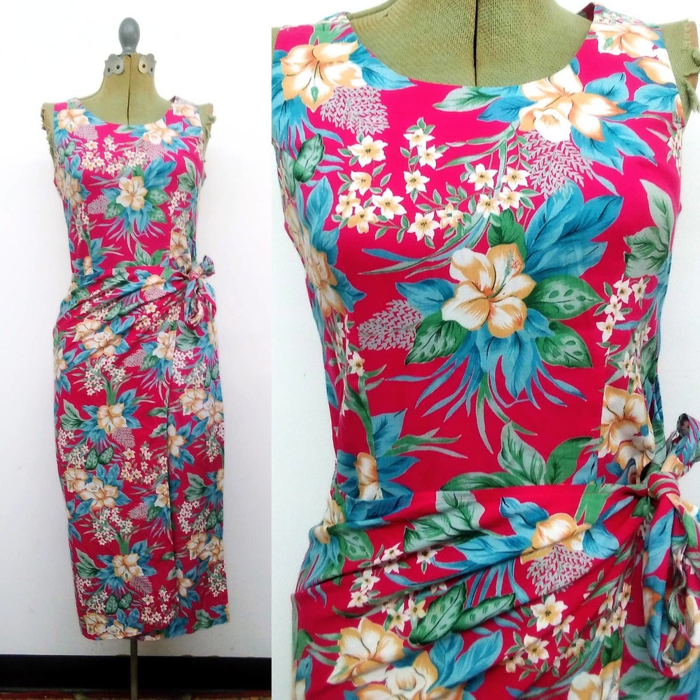 Vintage 90s Sarong Midi Dress Hawaiian Print Pinup Sundress Fuchsia Floral